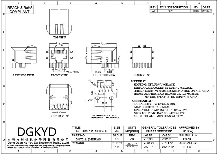 Соединителя pcb порта гигабита DGKYD111Q068HWA1D гнездо сети lightless одиночного встроенное модульное поднимает RJ45 домкратом