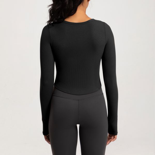 Scoop Neck Cropped Long Sleeve Workout Top for Women, Buttery Soft Stretchy Fabric, Coffee Brown, Ideal for Yoga Running and Daily Wear