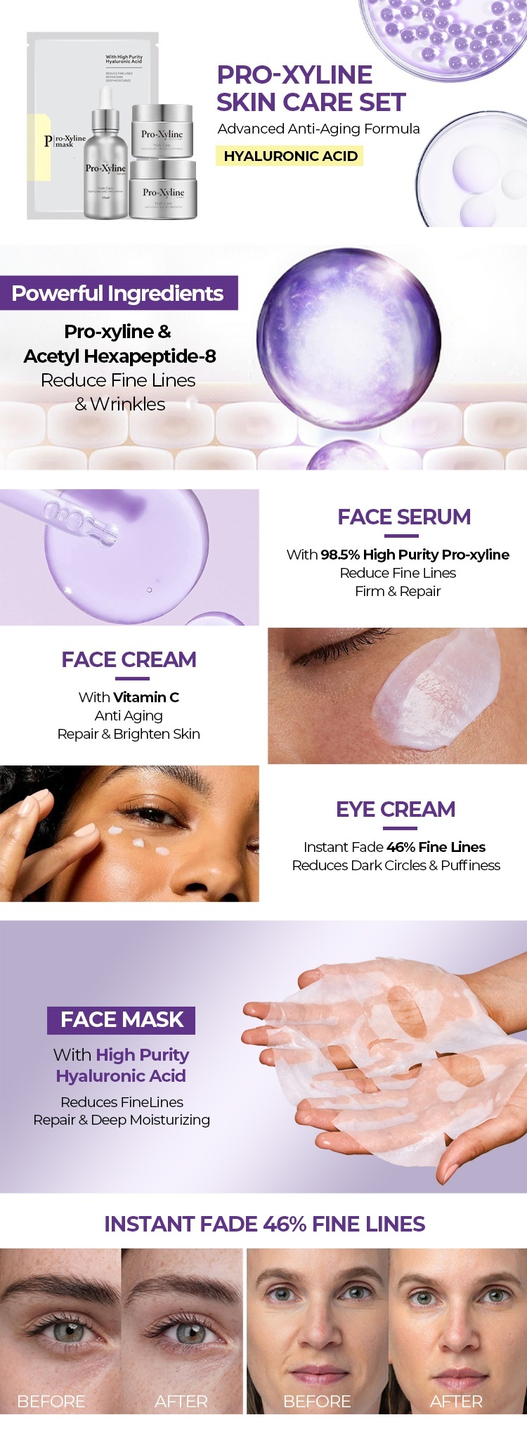 OEM DOM Korean skin care product set Pro xyline hyaluronic acid facial mask skin care moisturizing anti aging wrinkles face cream whitening essence serum