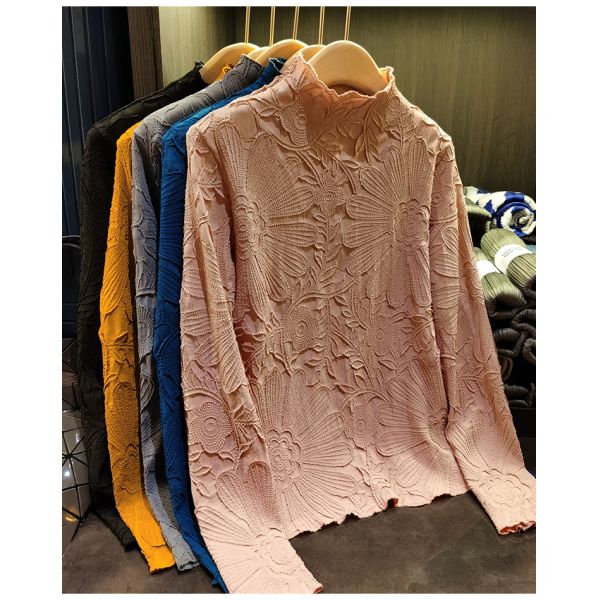 Japanese Pleated Stand Collar Long Sleeve T-shirt Top Printed Pleated Embodying Pleated Process Makes Flower Fashionable