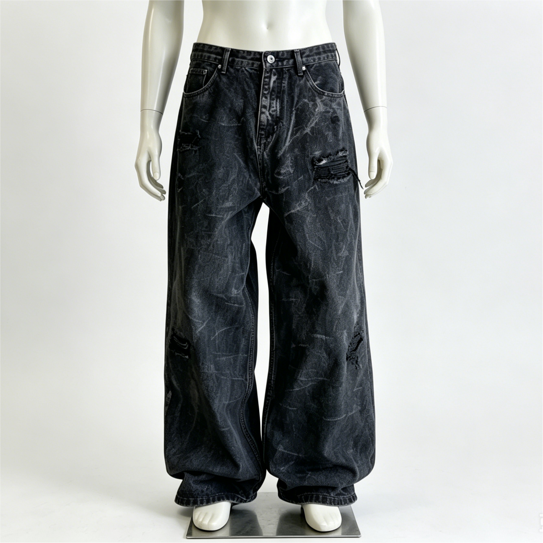 Distressed Mid Rise Wide Leg Jeans Straight Fit Men's Jeans Black Gray