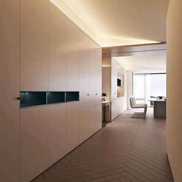 Modern Cream Light Wood Minimalist Integrated Living-Dining-Kitchen Custom Cabinet System, Full Wall Handle-Free Concealed Cabinet, Dining Side Bar, Coffee Water Bar & Integrated Kitchen Cabinet