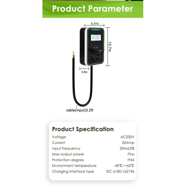 Ev Charger Electric Car Wall Mounted Ev Charger 7kw One phase 32A With Plug And Play