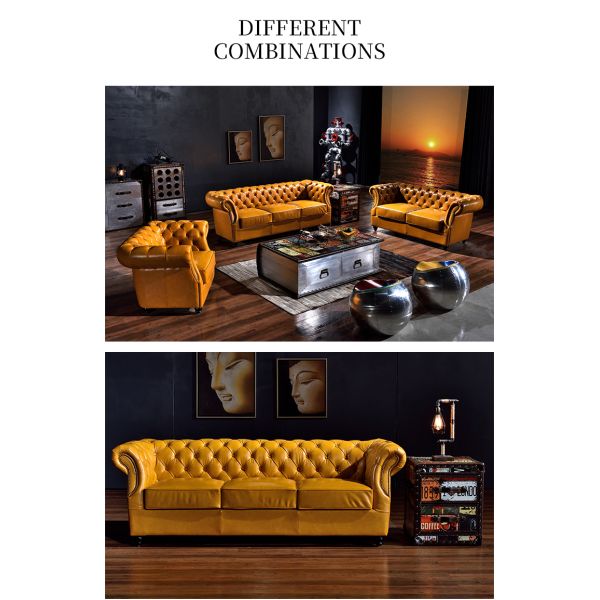 Nidea #8971 American Vintage Three-Seat Genuine Leather Sofa Set Comfortable Durable Cowhide Oil Wax Straight Buckle Hotel Villa