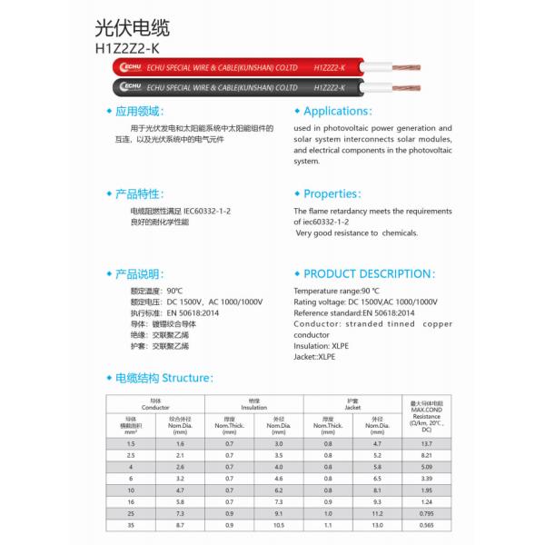 ECHU TUV Cert. Solar Cable H1Z2Z2-K with XLPE insulation and XLPE Jacket