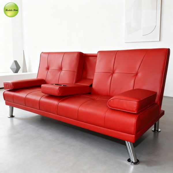 Space Saving Multifunctional 2 Seater Sofa Bed Settee PU Leather With Cup Holder