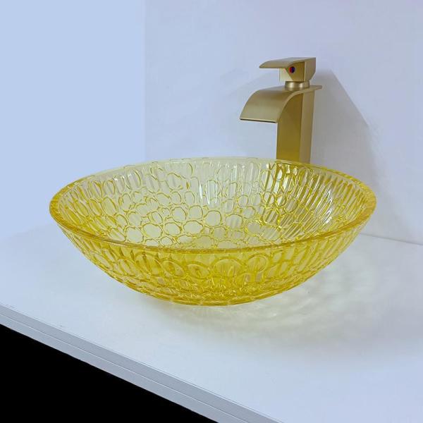 Round Lacquered Crystal Wash Basins Low Profile Glass 12mm Modern Gold Yellow