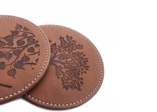 Brown Drink Coasters Set PU Leather Round Glass Coasters Debossed Logo