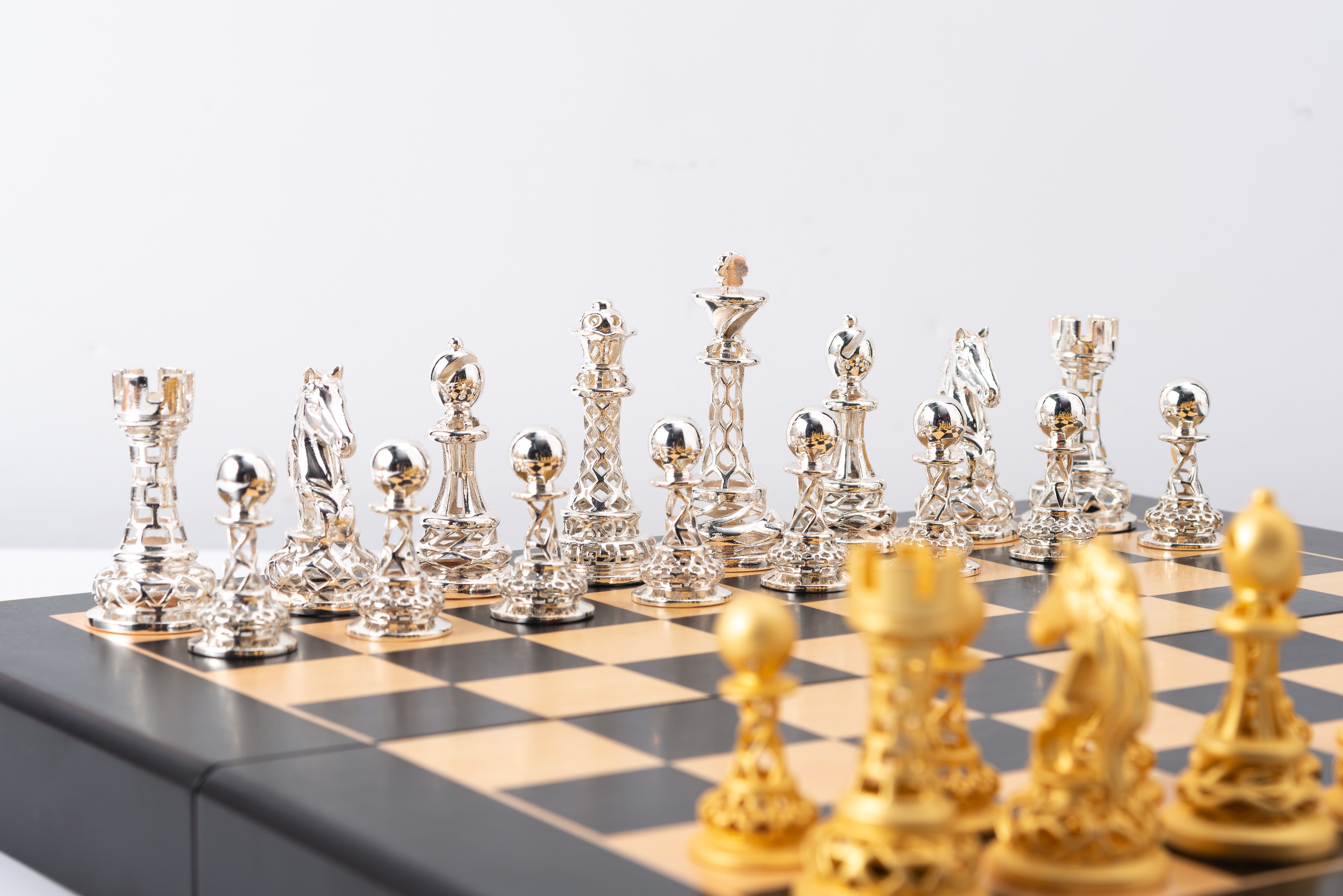 Antique Bronze & Silver Hollow Carved Brass Chess Set for Luxury Tabletop Decor and Tournament Play