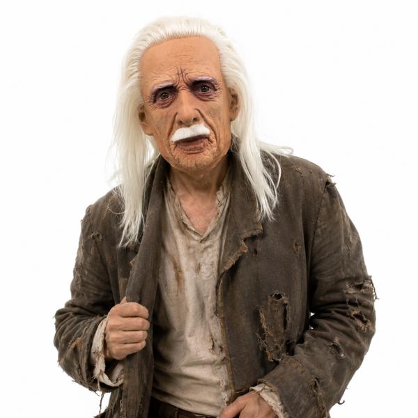 Long White Hair Old Man Latex Full Head Mask with White Mustache, Realistic Wrinkles, Aged Skin Texture and Visible Eye Openings for Halloween Party Cosplay Costume Photo Video Props