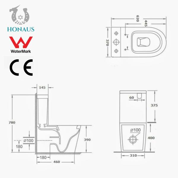 CE Eco Friendly Floor Standing Toilet 2 Piece Commode 635*365*800mm