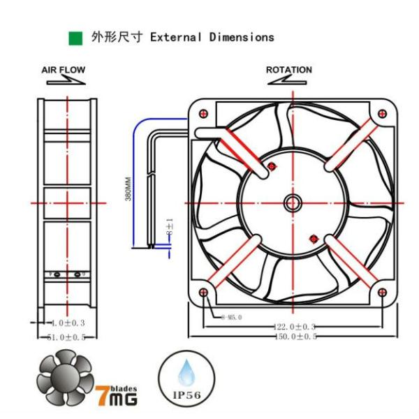 Axial Flow Fan 150mm x 150mm x 51mm with High Temperature AC Axial fan Dual Ball Bearing