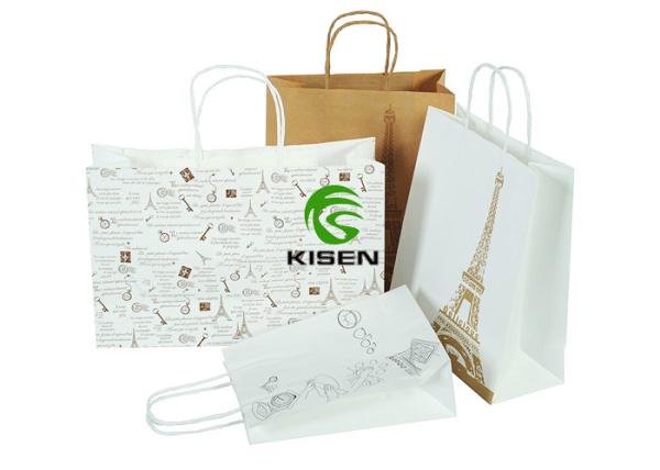 Disposable Kraft Paper Shopping Bags White Color Eco Friendly Offset Printing