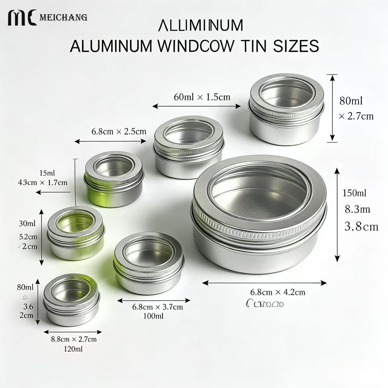 15ml–150ml Round Aluminum Screw Top Tin Jar with Clear PVC Window Lid (MC-809）