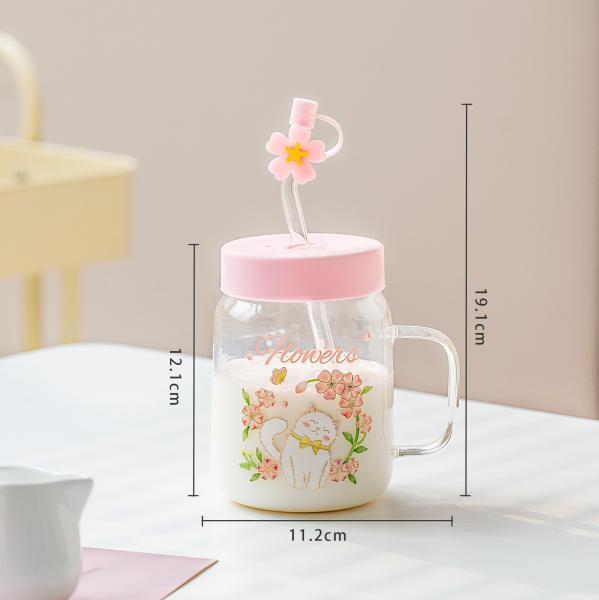 Relief Transparent Cat High-temperature Glass Cup Cute Large-capacity Covered Straw Student Girls' Milk Breakfast Cup Office