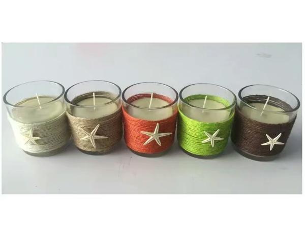 Decor home unscented glass candle with color wrapping rope  and  small ornaments