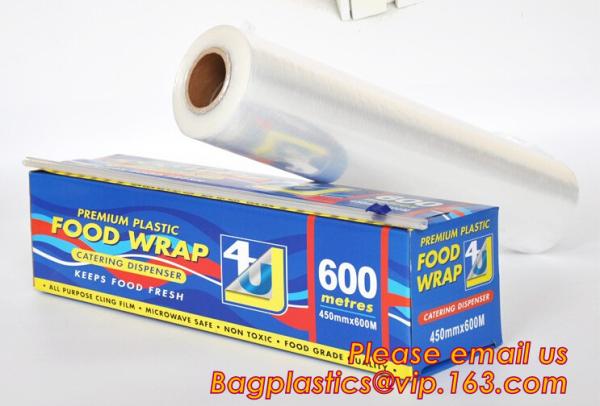 Eco friendly non toxical soft pe pvc food cling wrap on sale, 100% pure raw material plastic pe pvc environmental food
