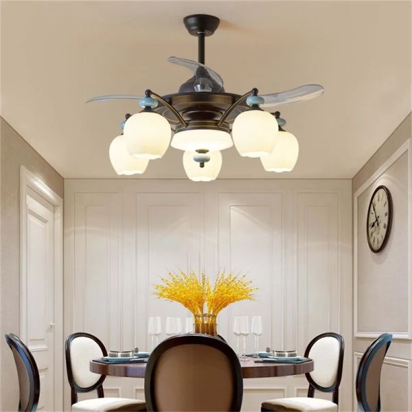 Luxury Ceiling Fan Light Remote LED Electric Fan Light with glass lampshade metal Stealth Fan Light (WH-VLL-28)