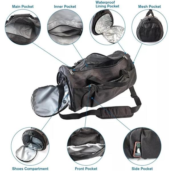 Polyester Anti Theft Travel Bag Gym Bag With Wet Pocket Shoe Compartment