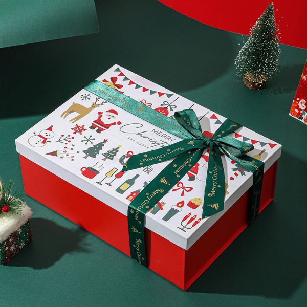 Merry Christmas Gift Box Premium Red Holiday Packaging Heaven Earth Lid Design Green Ribbon Closure Scarf Glove Christmas Present Box
