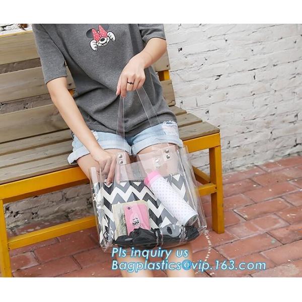 Tote Bags PVC Beach Lash Package Tote Shoulder Bag with Interior Pocket, Waterproof Semi-clear Tote Bags Stripe PVC Shou