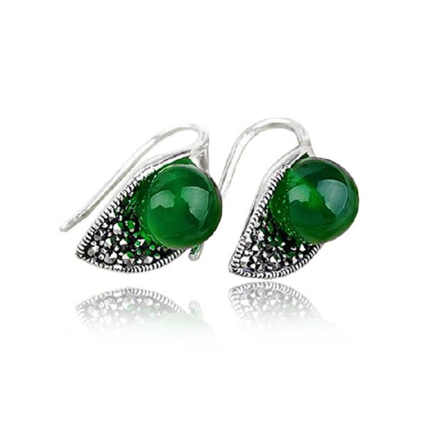 Thai Vintage Sterling Silver 10mm Round Green Agate Hoop Earrings (E11061GREEN)