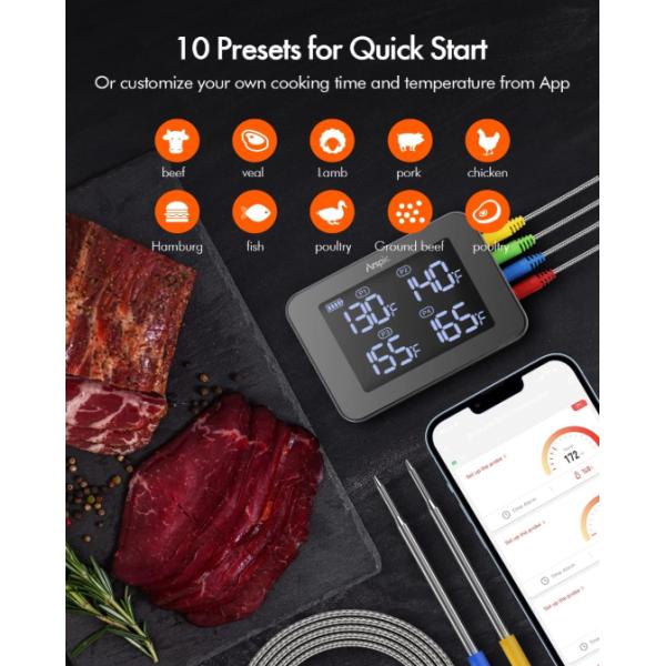 SS304 Grill / Barbecue Meat Thermometer Bluetooth Remote Monitor with 4 probes