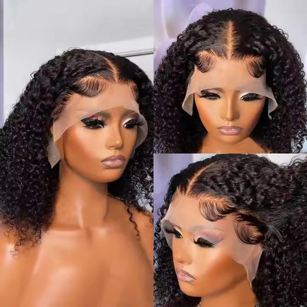 Natural Black Short Cut Bob Kinky Curly 13X4 Deep Lace Front Wig Preplucked Glueless