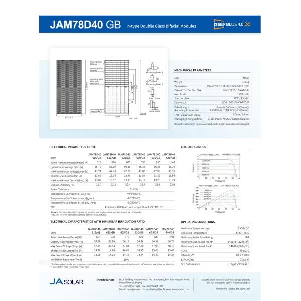 JA Solar Monocrystalline PV Module 615W-640W for Solar Power System at 156 Half Cells