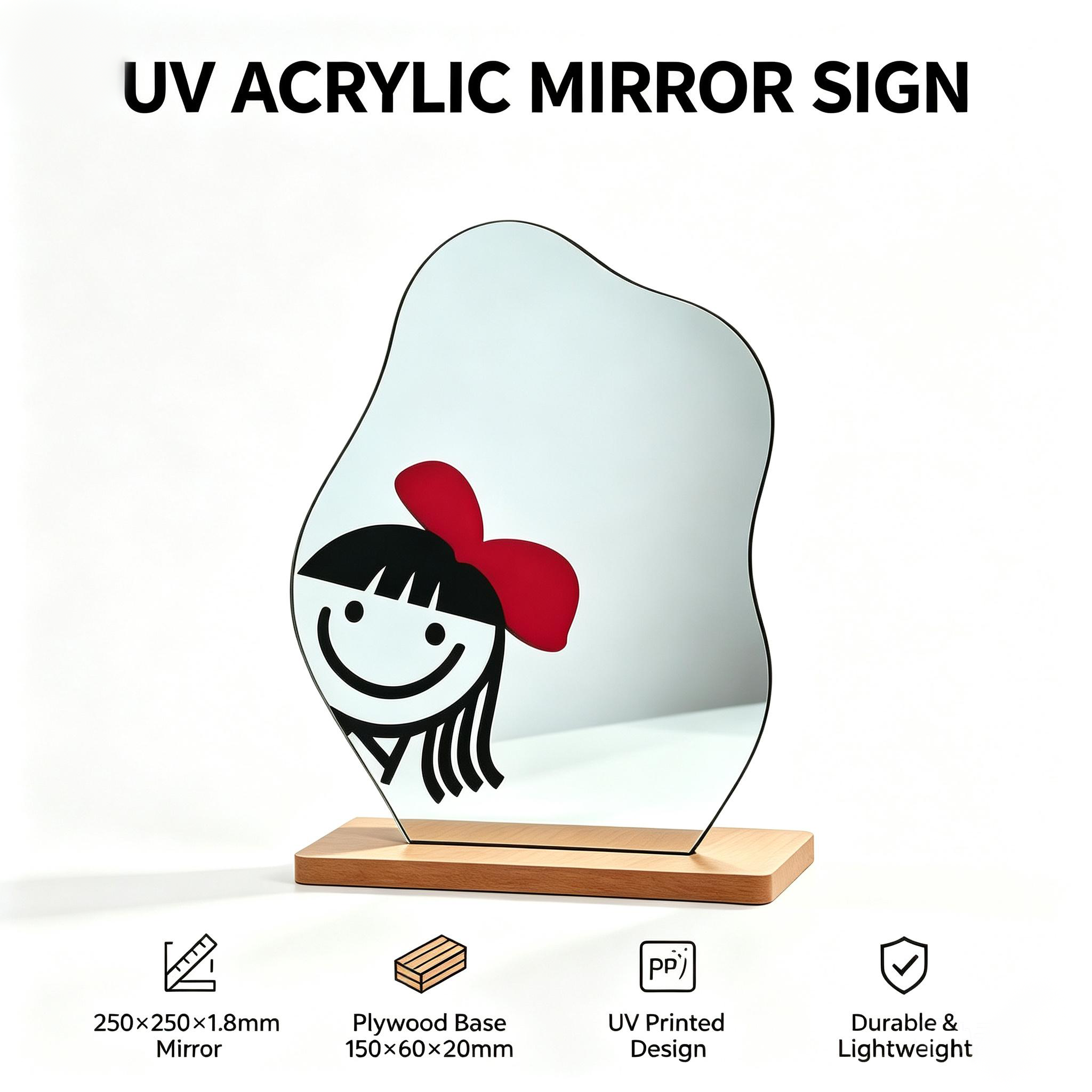 Irregular UV Printed Acrylic Mirror Stand With Plywood Base Reative Desktop Decor
