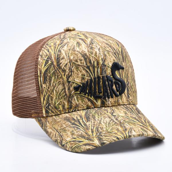 Fashion Design Curved Brim Sport 6 Panel Trucker Mesh Hat Custom 3d Embroidery Camo Trucker Cap