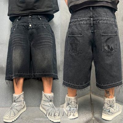 Coupe personnalisée de jogger à double couche de broderie Seven Point Logo Streetwear Distressed Black Acid Lavé Jeans en denim Shorts pour hommes