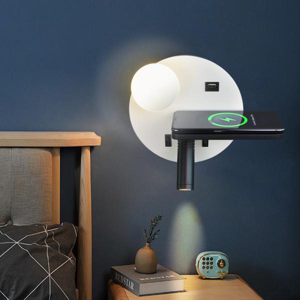 Bedside reading wall lamp acrylic ball USB wireless charger bedroom bed board light living Bedhead wall light for hotel