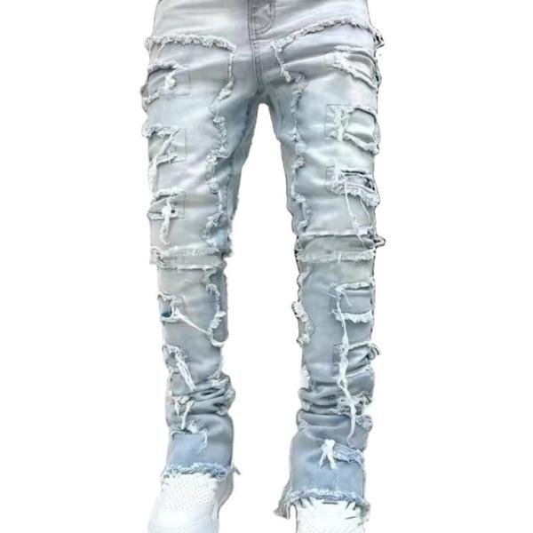 Street Style Men's Boot Cut Light Blue Damaged Tassel Applique Jeans Spandex/Cotton