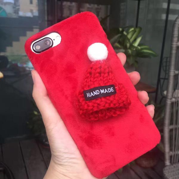 DIY Korean Plush Christmas Handmade Woollen Hat Winter Style Back Cover Cell Phone Case For iPhone 7 6s Plus