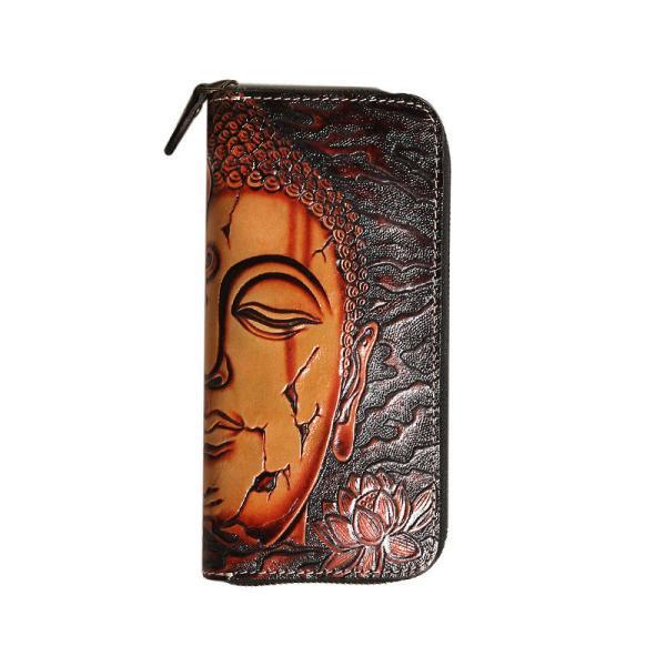 Buddha Demon Handmade Vegetable Tanned Cowhide Carved Japanese Wallet Genuine Leather Long Zipper One Thought Handheld Wallet Clip
