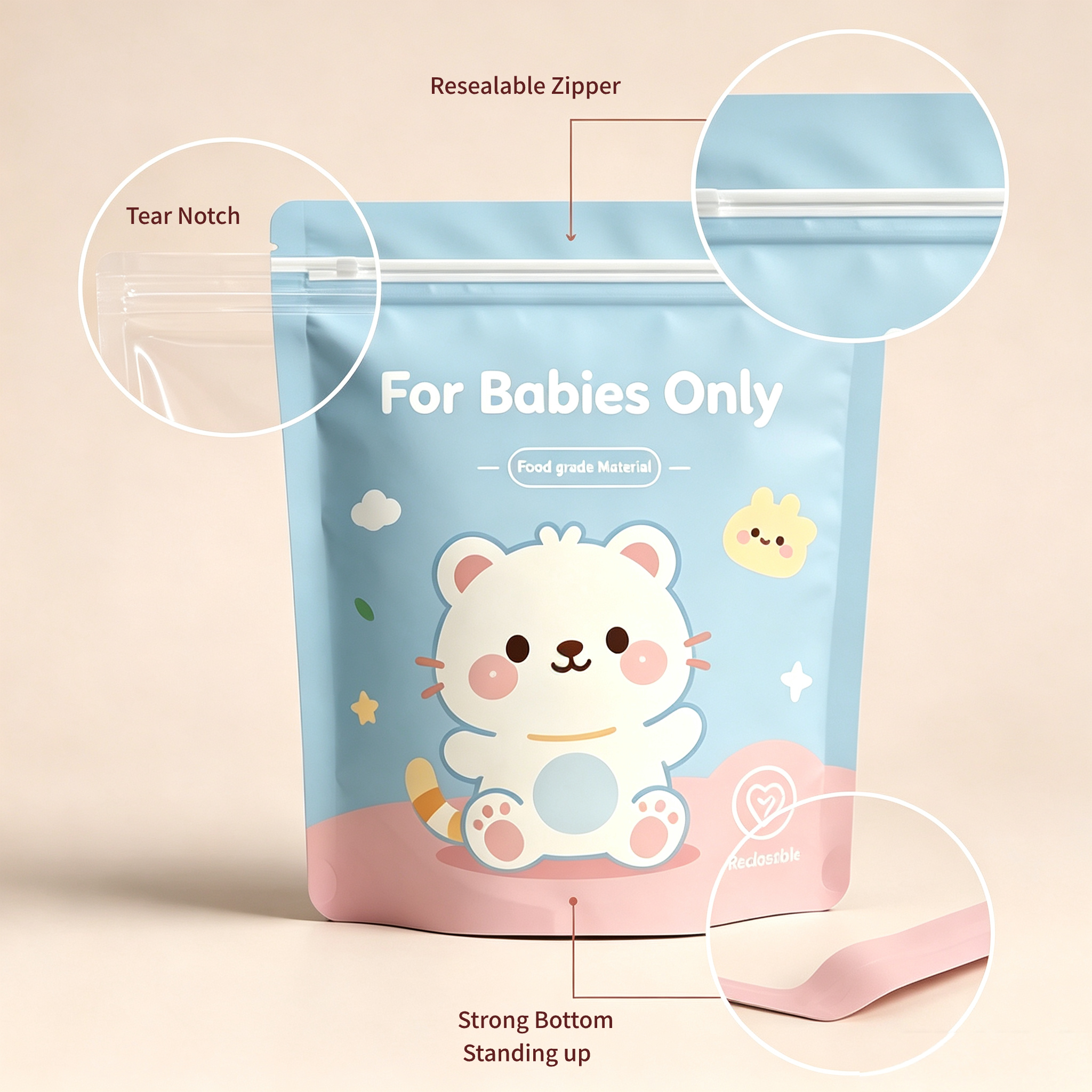 Custom Printed Stand-Up Zipper Pouches For Baby Snacks, Milk Powder & Dry Foods | Food Grade Resealable Stand Up Zip Bags OEM Cartoon Printing