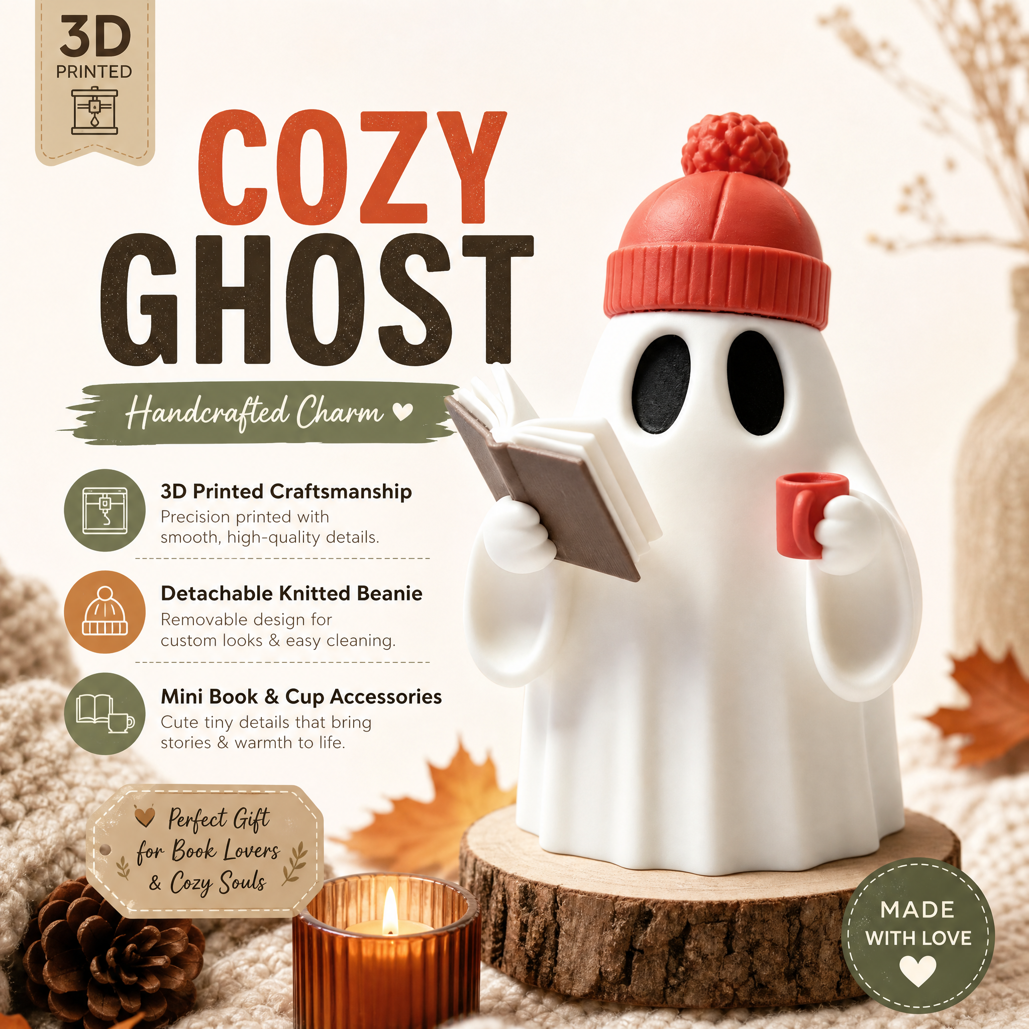 Matte PLA Made 3D Printed Holiday Decoration, Beanie Wearing Reading Ghost Decor for Library Table Display
