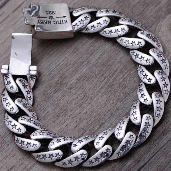Sterling Silver Heavy Chunky Cuban Curb Link Engraved Stars Mens Bracelet (058880)