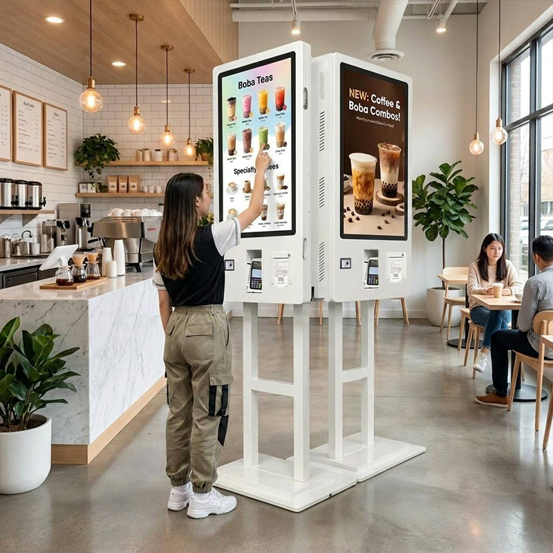 32 Inch Dual Screen Self Service Order Kiosk Capacitive Touch Restaurant Self Ordering Payment Terminal With Receipt Printer QR Scanner POS Bracket For Fast Food Coffee Shop