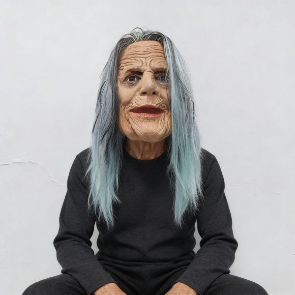 Scary Old Witch Mask with Long Pale Blue Hair, Wrinkled Latex Female Mask for Halloween Cosplay & Haunted House