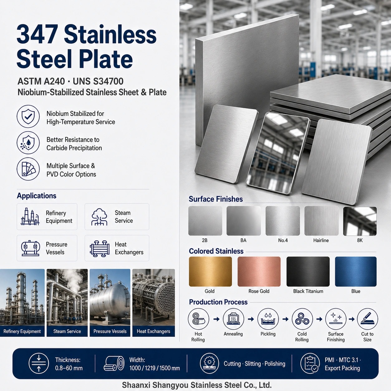 ASTM A240 347 Stainless Steel Plate UNS S34700 with Niobium Stabilization and Creep Resistance