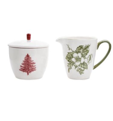 Christmas Kitchen Breakfast Porcelain Sugar And Creamer Set Container Ceramic With Lid And Holder