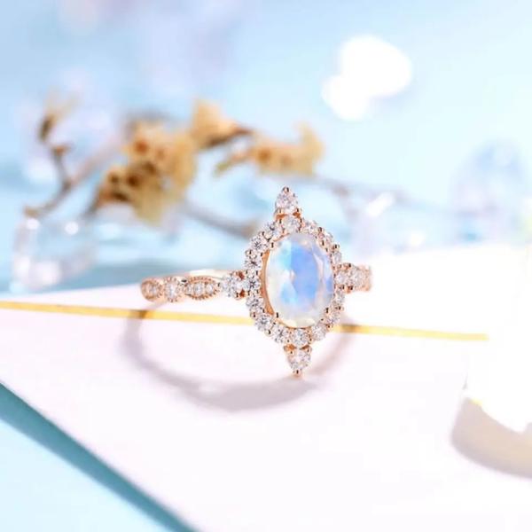 Самые новые розовые овал ювелирных изделий плакировкой золота 925 стерлинговый серебряный отрезал голубые обручальные кольца Moonstone