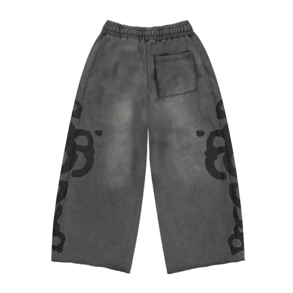 Custom Vintage Washed Wide Leg Sweatpants with Side-Leg Artwork and Raw Hem Style