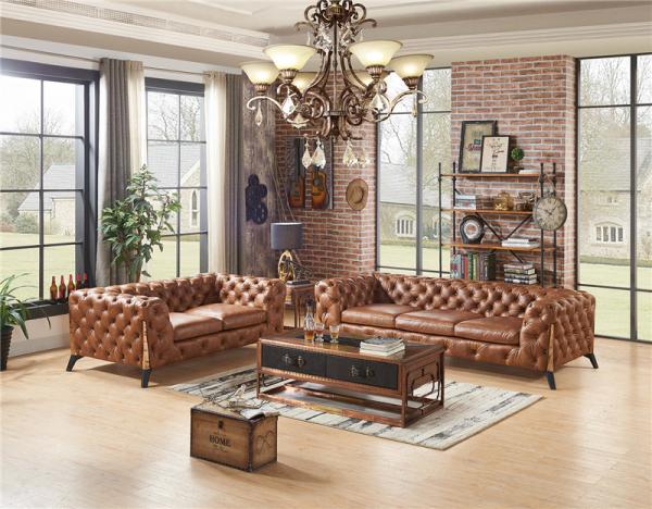 Home Furniture Tan Brown Soft Genuine Leather Sofa Set With Multi Deep Buttons