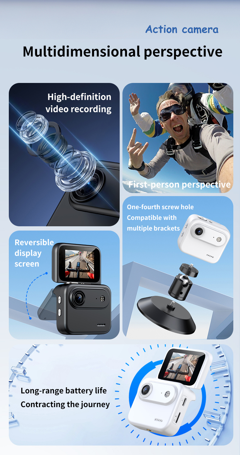 DLC Action Camera First Person POV 1080P Video Reversible Display 1/4 Screw Mount Anti Vibration Sports Cam for Live Streaming