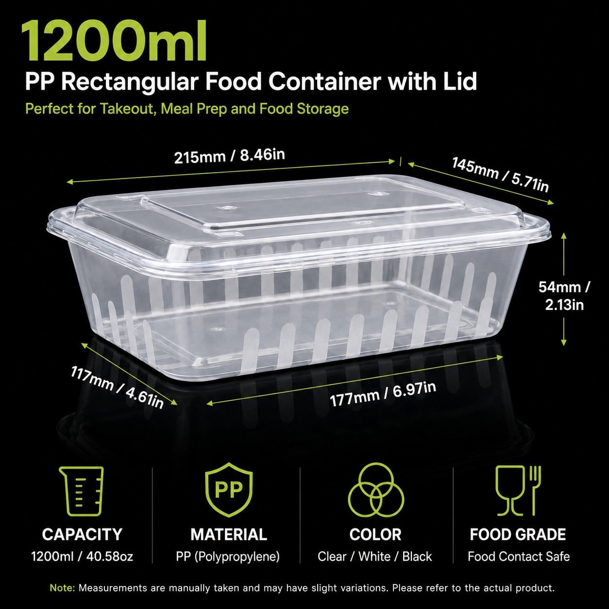 Rectangular Roast Meat PP Takeaway Food Box with Lid Transparent 1200ml