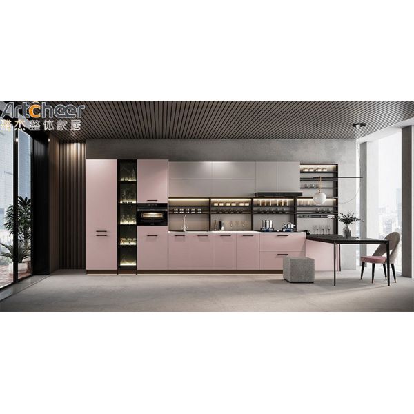 Modern L Shape Peninsula Kitchen Cabinet with Lacquer Finish Handless Door and Soft Close