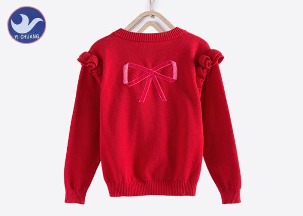 Sweet Butterfly Ribbon Girls Red Cardigan Sweater , Girls Knitted Cardigan Crew Neck